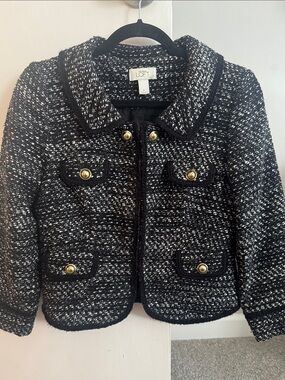 LOFT Black and White Tweed Jacket with Gold Buttons